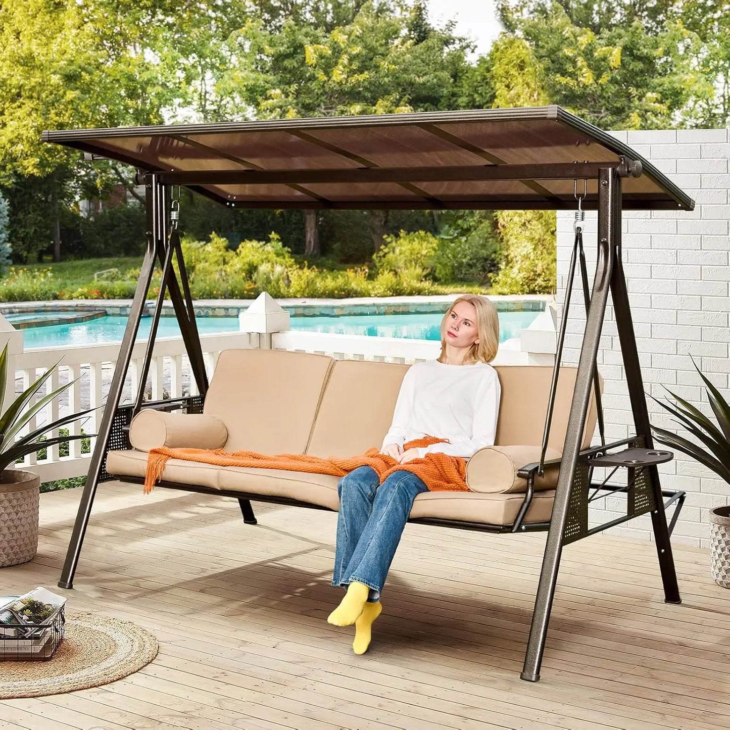 3 Seat Patio Swing with 2 Side Cup Holder, 3-in-1 Convertible Backrest Swing Bed with Cushion, 2 Pillows