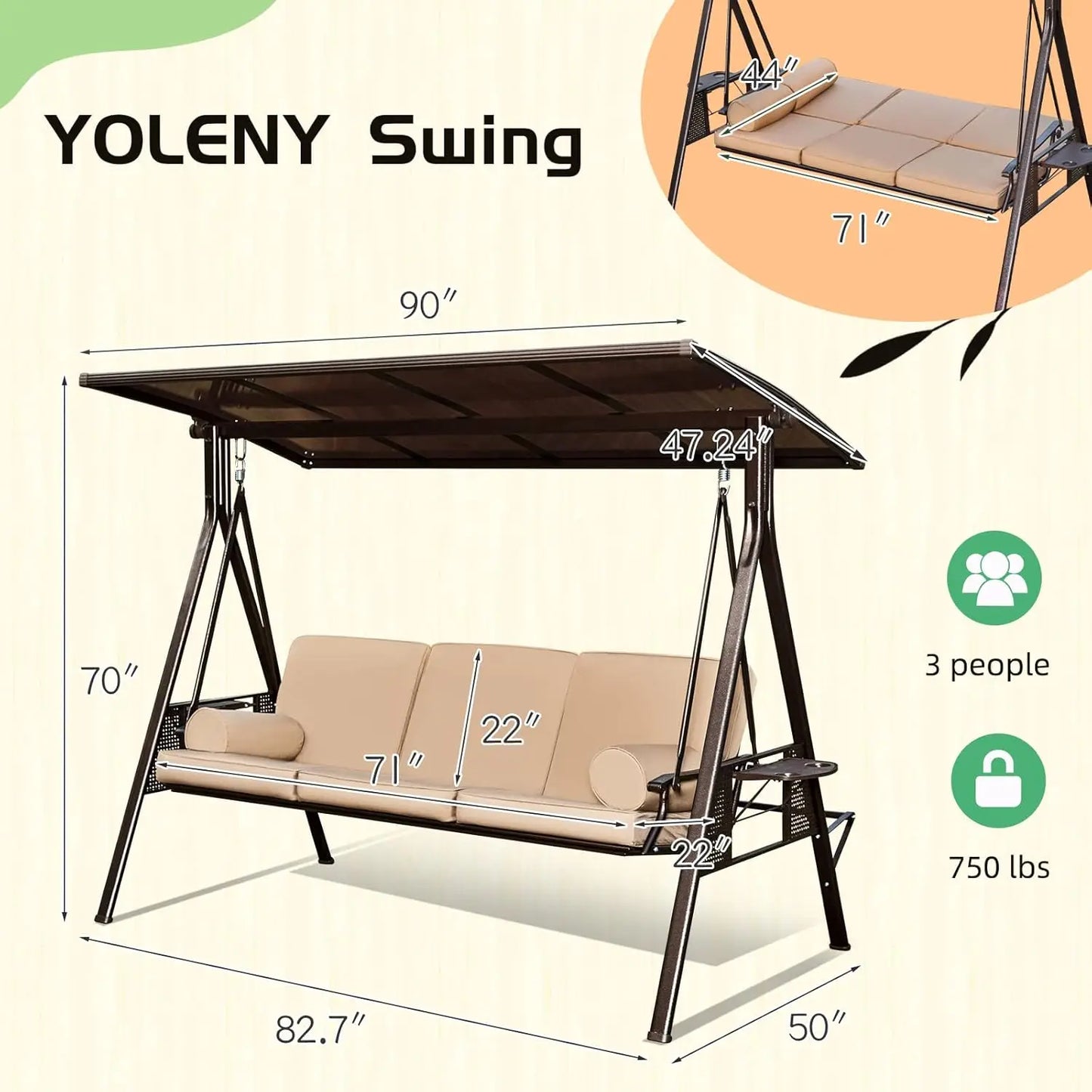 3 Seat Patio Swing with 2 Side Cup Holder, 3-in-1 Convertible Backrest Swing Bed with Cushion, 2 Pillows