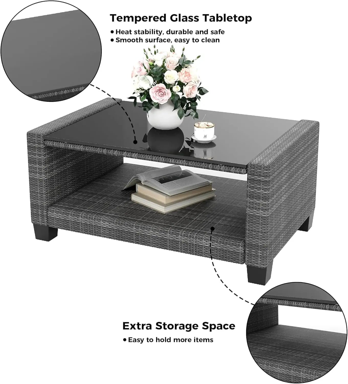 5 Piece Outdoor Patio Furniture Set with Coffee Table, Rattan Deck Conversation Sofa Set, All-Weather Sectional Rattan Sofa with
