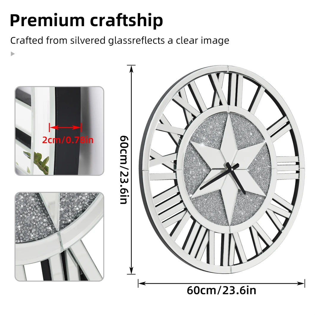 Large Mirrored Wall Clock 60CM Round Stunning Beveled Roman Numeral Skeleton Clock Family Living Room Fireplace Decor