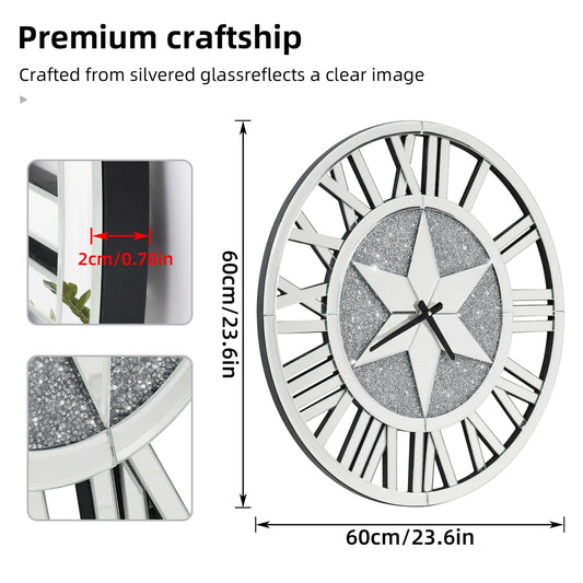 Large Mirrored Wall Clock 60CM Round Stunning Beveled Roman Numeral Skeleton Clock Family Living Room Fireplace Decor