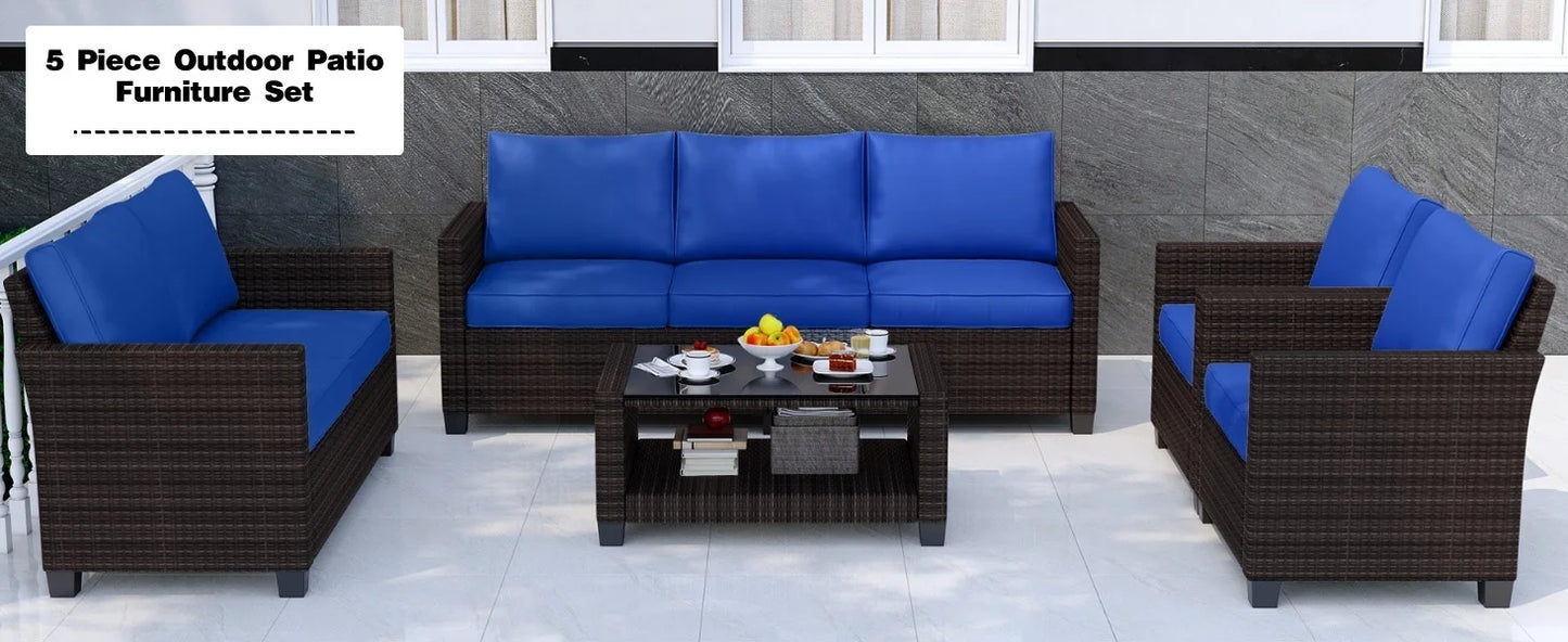 5 Piece Outdoor Patio Furniture Set with Coffee Table, Rattan Deck Conversation Sofa Set, All-Weather Sectional Rattan Sofa with